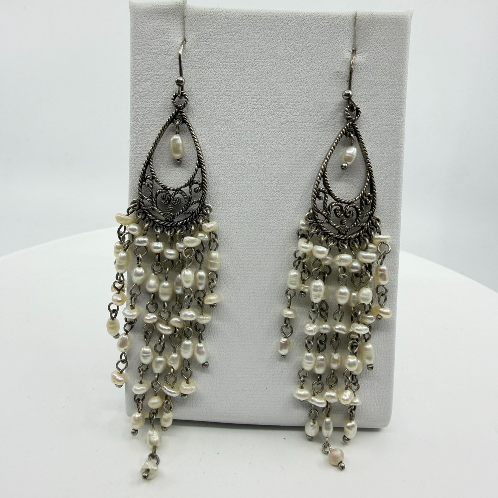 Vintage Freshwater Pearl Tassel Earrings Boho Filigree Statement Jewelry